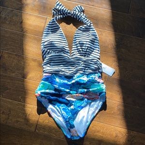 One piece bathing suite. B&W stripes w/ florals